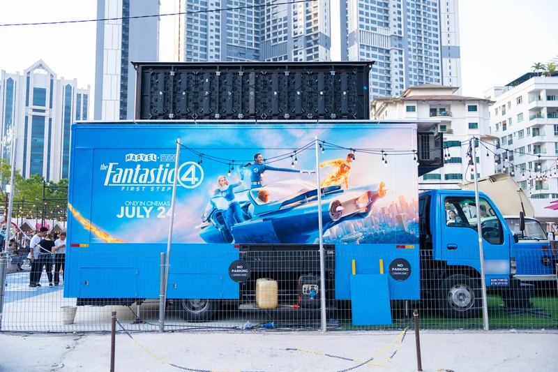 The side of the stage truck, wrapped in The Fantastic Four: First Steps artwork with the film’s logo and ‘Only in cinemas July 24’.
