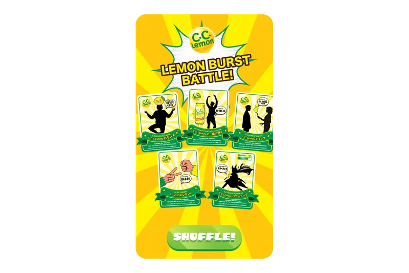 The Lemon Burst Battle kiosk start screen: the C.C. Lemon logo and title above five challenge cards and a green Shuffle button