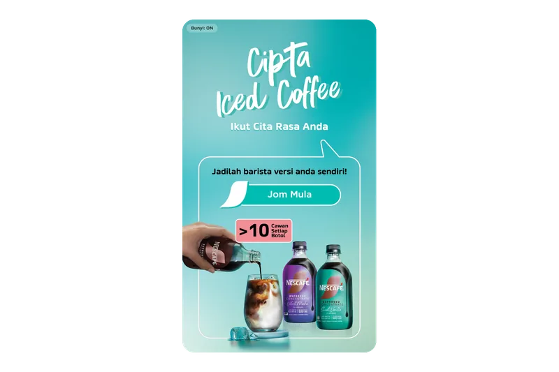 The Cipta Iced Coffee kiosk start screen: the Cipta Iced Coffee title, a Jom Mula start button and NESCAFÉ Espresso Concentrate bottles