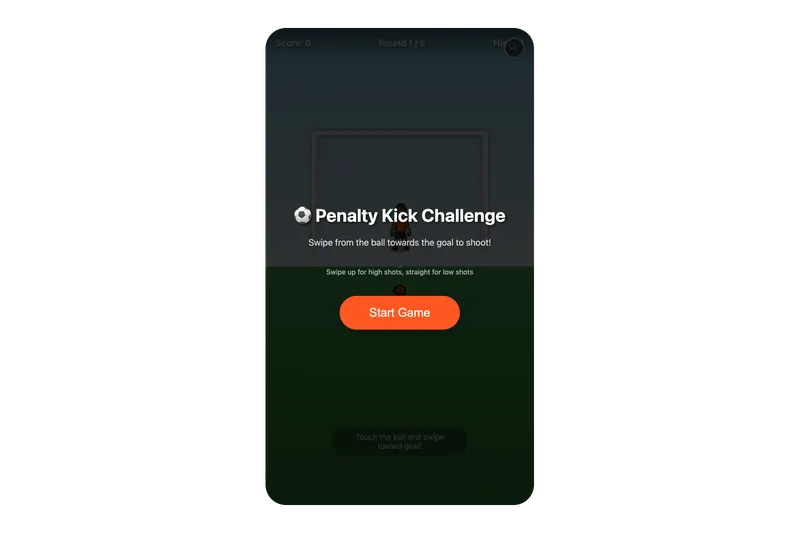 The Penalty Kick Challenge start screen: the title and swipe-to-shoot instructions over a pixel-art goal and keeper, with an orange Start Game button