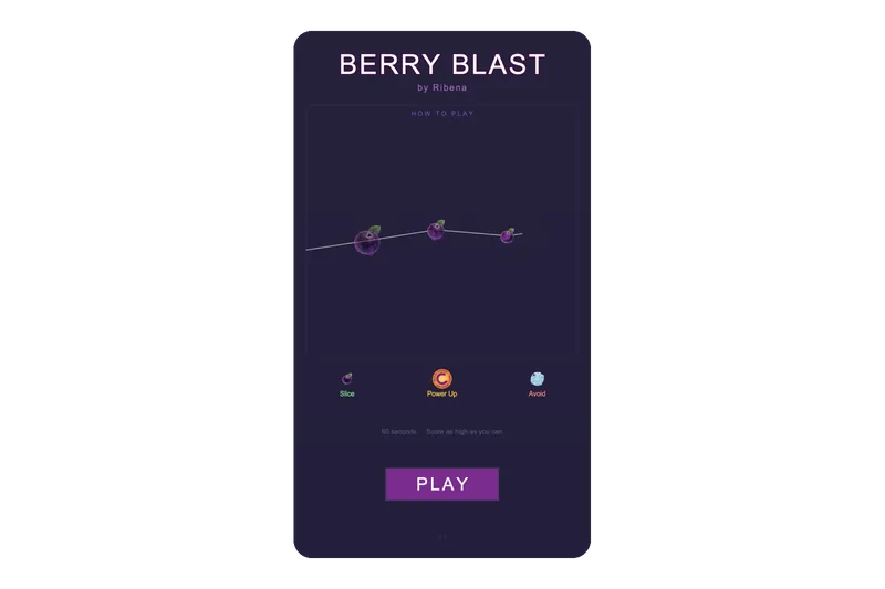 The Berry Blast start screen: the Berry Blast by Ribena title, a how-to-play panel showing blackcurrants being sliced, and a Play button