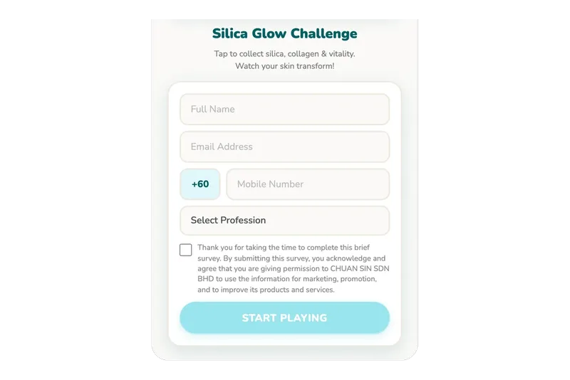 The Silica Glow Challenge start screen on a phone: the game title above the registration form and a Start Playing button