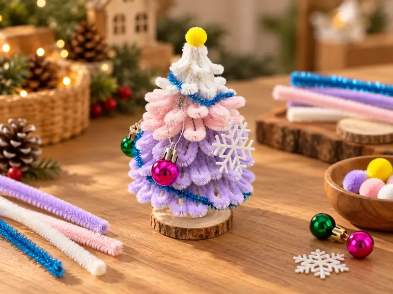 A miniature Christmas tree made with colourful pipe cleaners and decorations.