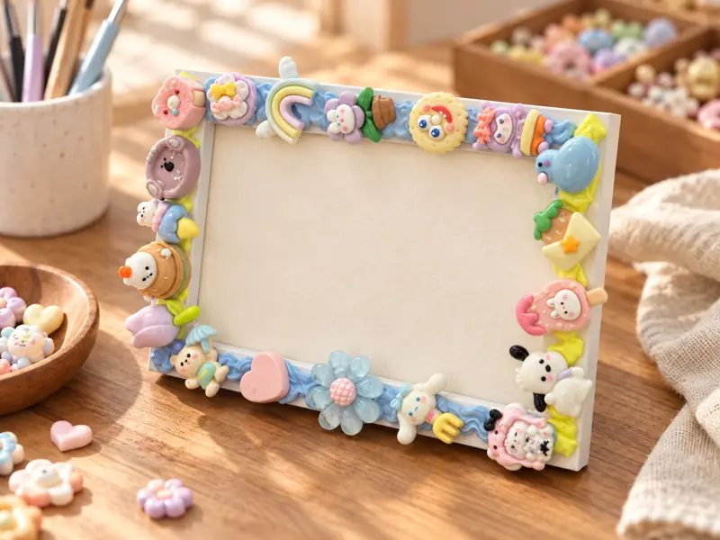 A photo frame decorated with colourful cream-style details and small ornaments.