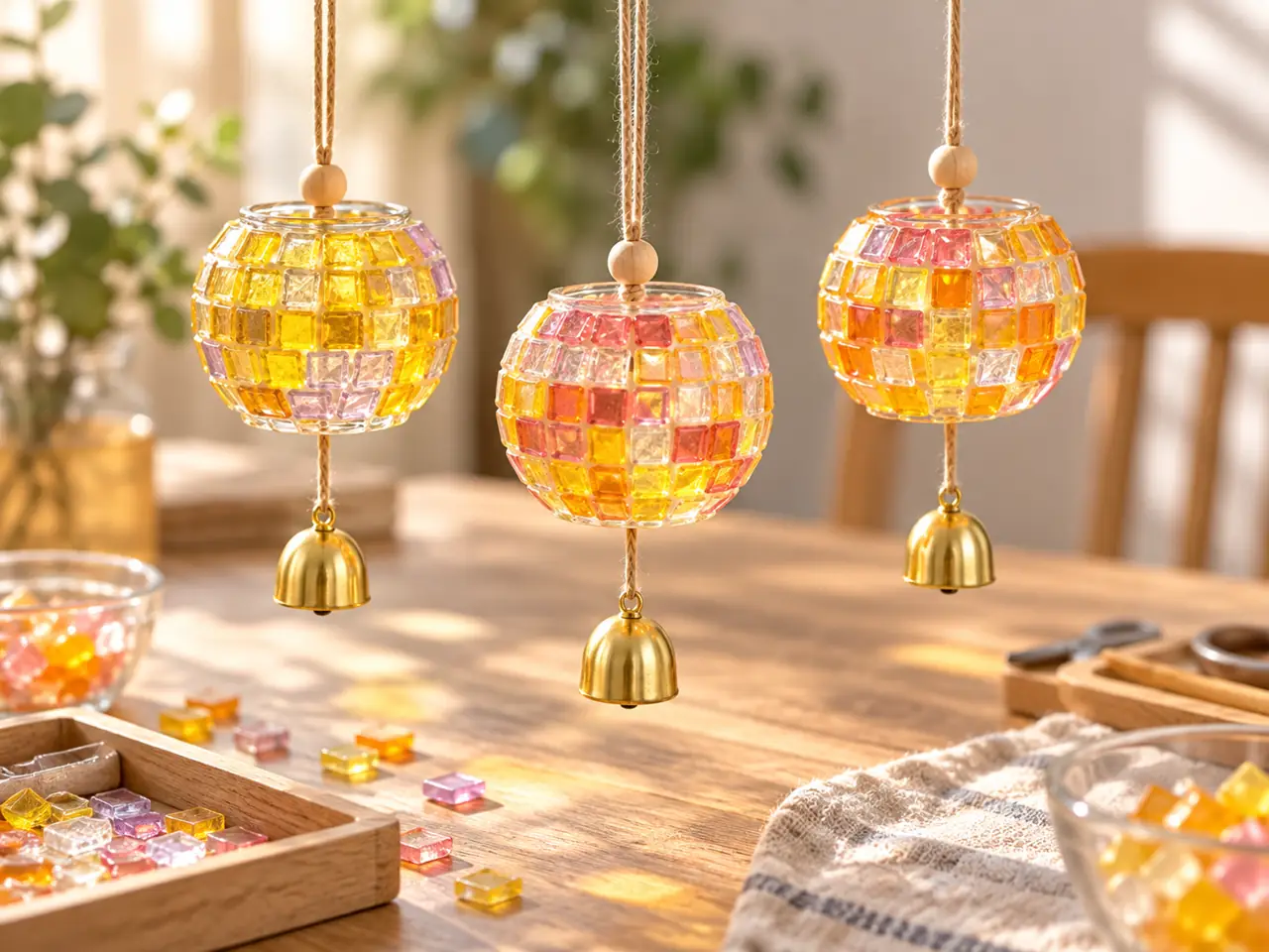 A decorative mosaic wind chime with a personal colour arrangement.