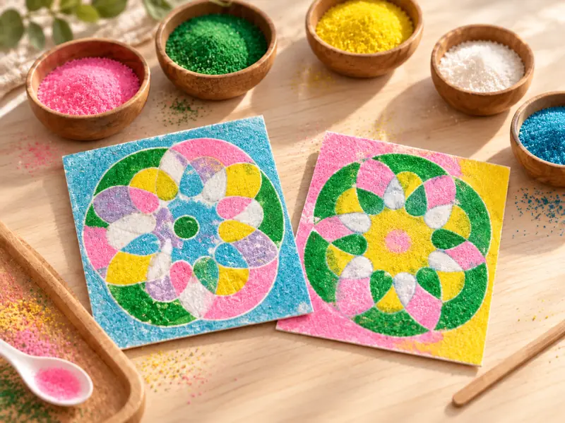 A bright artwork made with coloured sand.