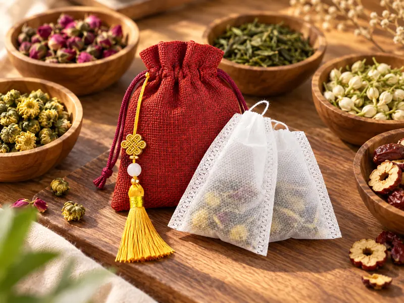 A custom-filled tea bag, tucked into a decorative pouch.