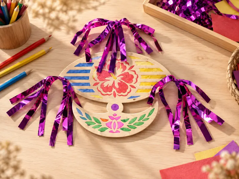 A decorated wau-shaped craft with a colourful pattern and ribbon details.